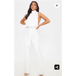 Petite white scuba high neck tie waist jumpsuit